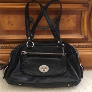 Coach black leather bag with patent leather trim